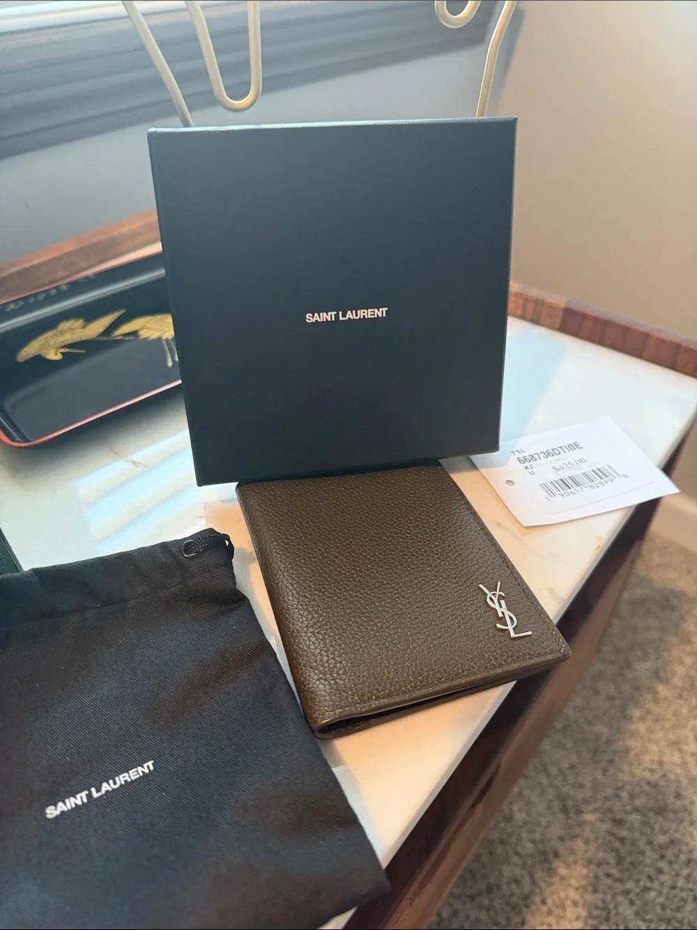 Saint Laurent Olive Brown Pebbled Leather Card Holder with Silver YSL